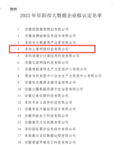 喜報丨阜陽土著網(wǎng)絡科技有限公司獲“阜陽市大數(shù)據(jù)企業(yè)”認定稱號